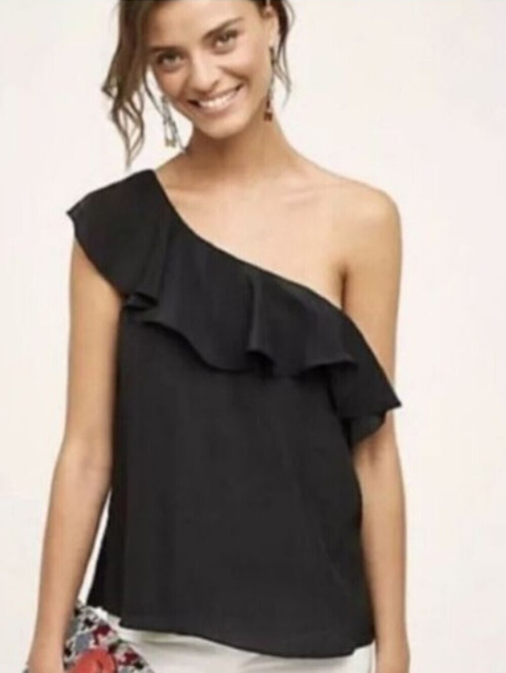 Banana Republic One Shoulder Ruffle Trim Black Cotton Top Size XS
